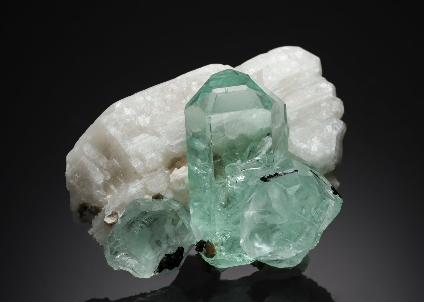 BERYL var. Aquamarine with  MUSCOVITE and Tourmaline on Feldspar