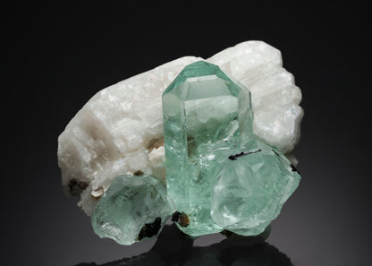 BERYL var. Aquamarine with  MUSCOVITE and Tourmaline on Feldspar