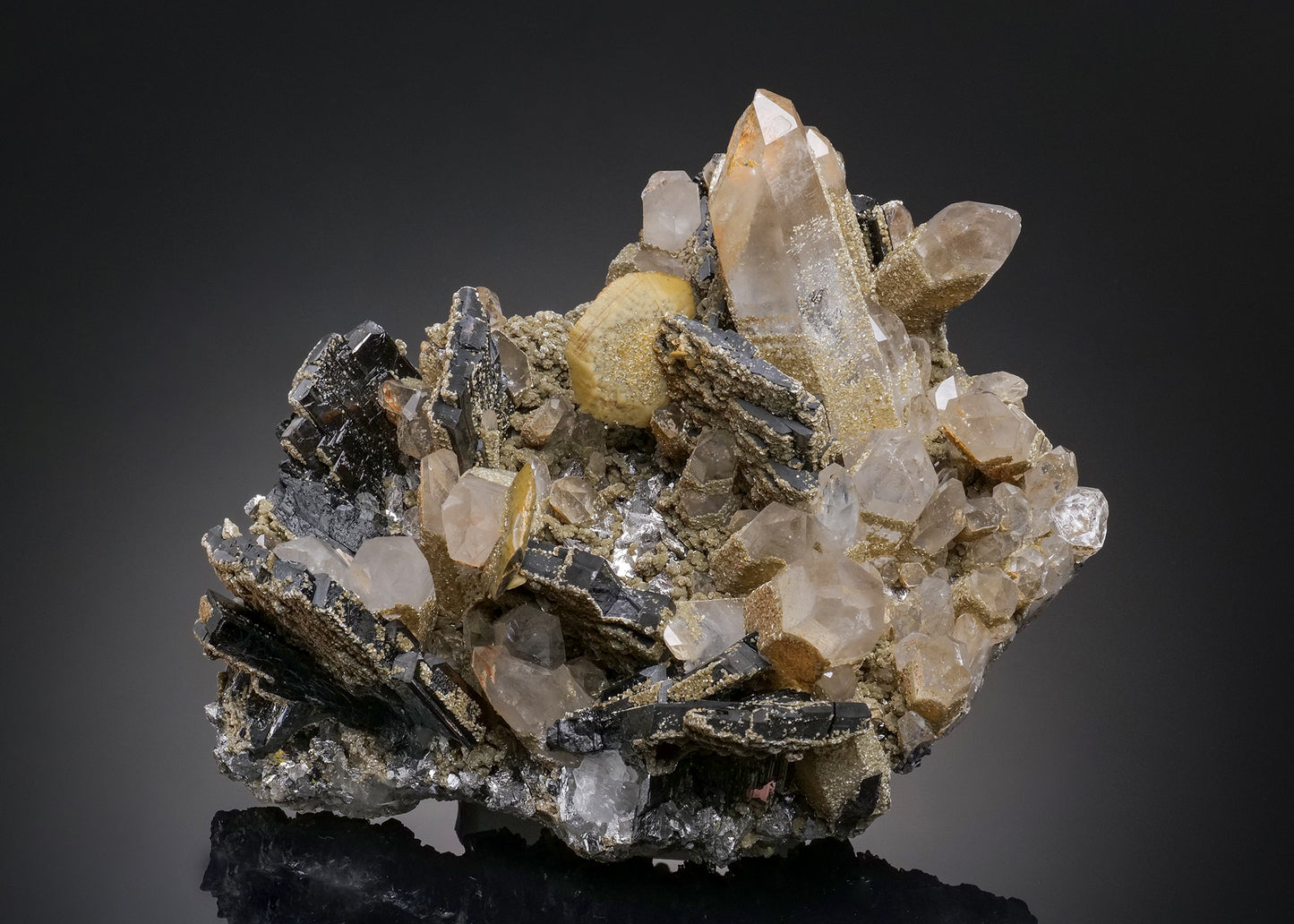 FERBERITE with SIDERITE, MUSCOVITE, ARSENOPYRITE, FLUORAPATITE and QUARTZ