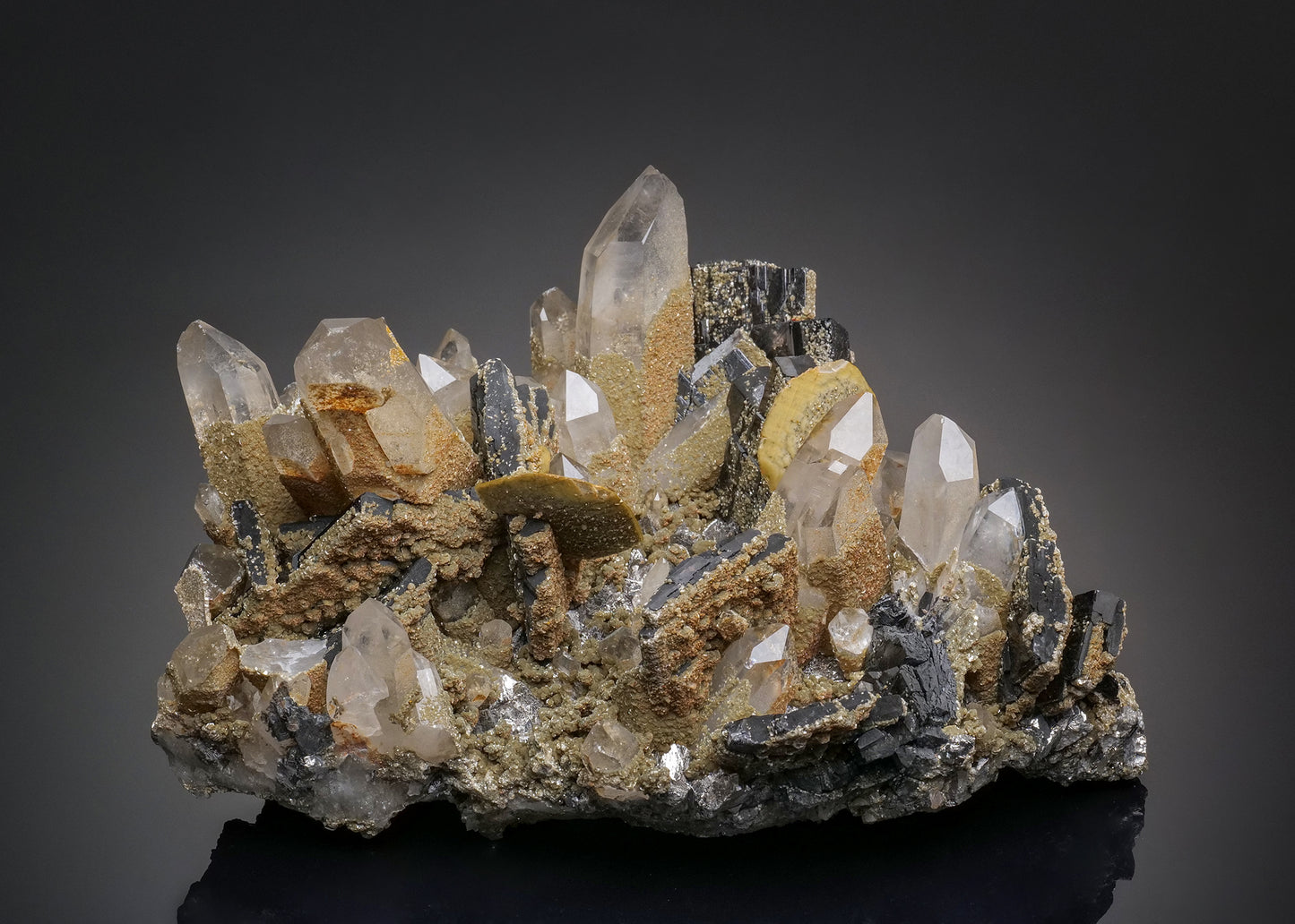 FERBERITE with SIDERITE, MUSCOVITE, ARSENOPYRITE, FLUORAPATITE and QUARTZ
