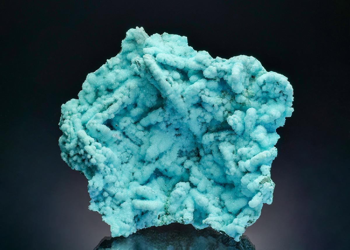pale blue chrysocolla pseudomorphs with quartz from Tenke-Fungurume — credit: Crystal Classics