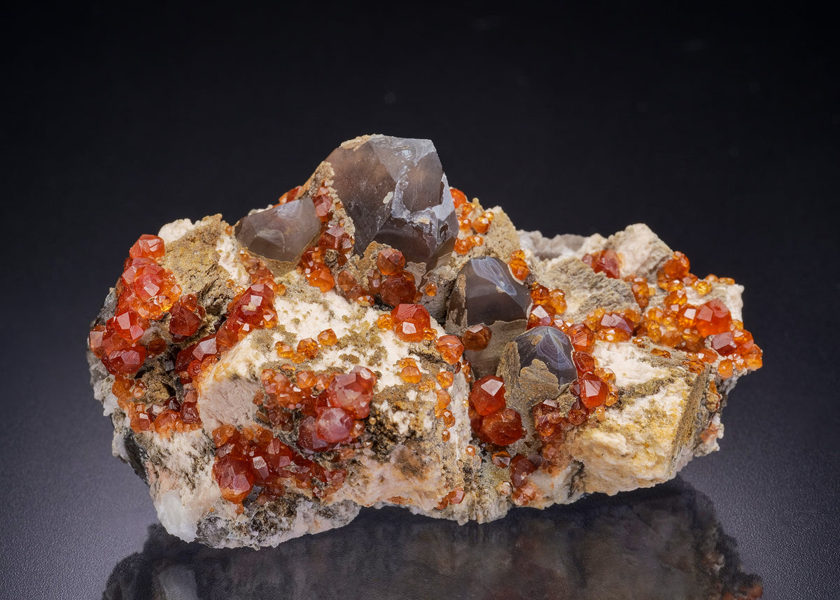 SPESSARTINE on MICROCLINE with Smoky QUARTZ