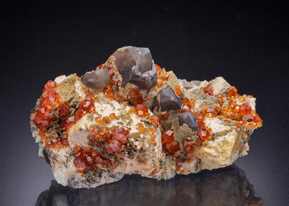 SPESSARTINE on MICROCLINE with Smoky QUARTZ