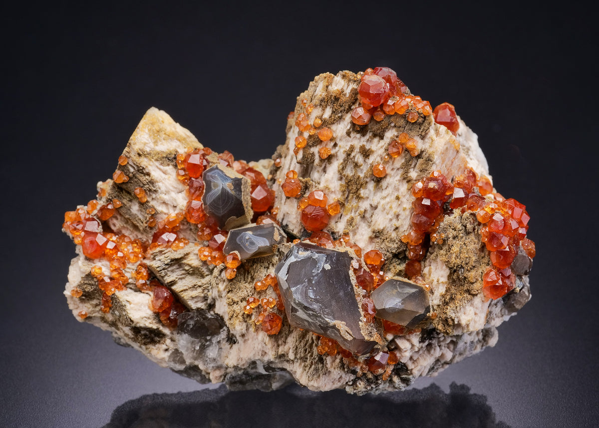SPESSARTINE on MICROCLINE with Smoky QUARTZ