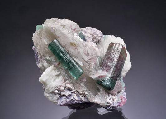 ELBAITE on QUARTZ with Cleavelandite and Lepidolite