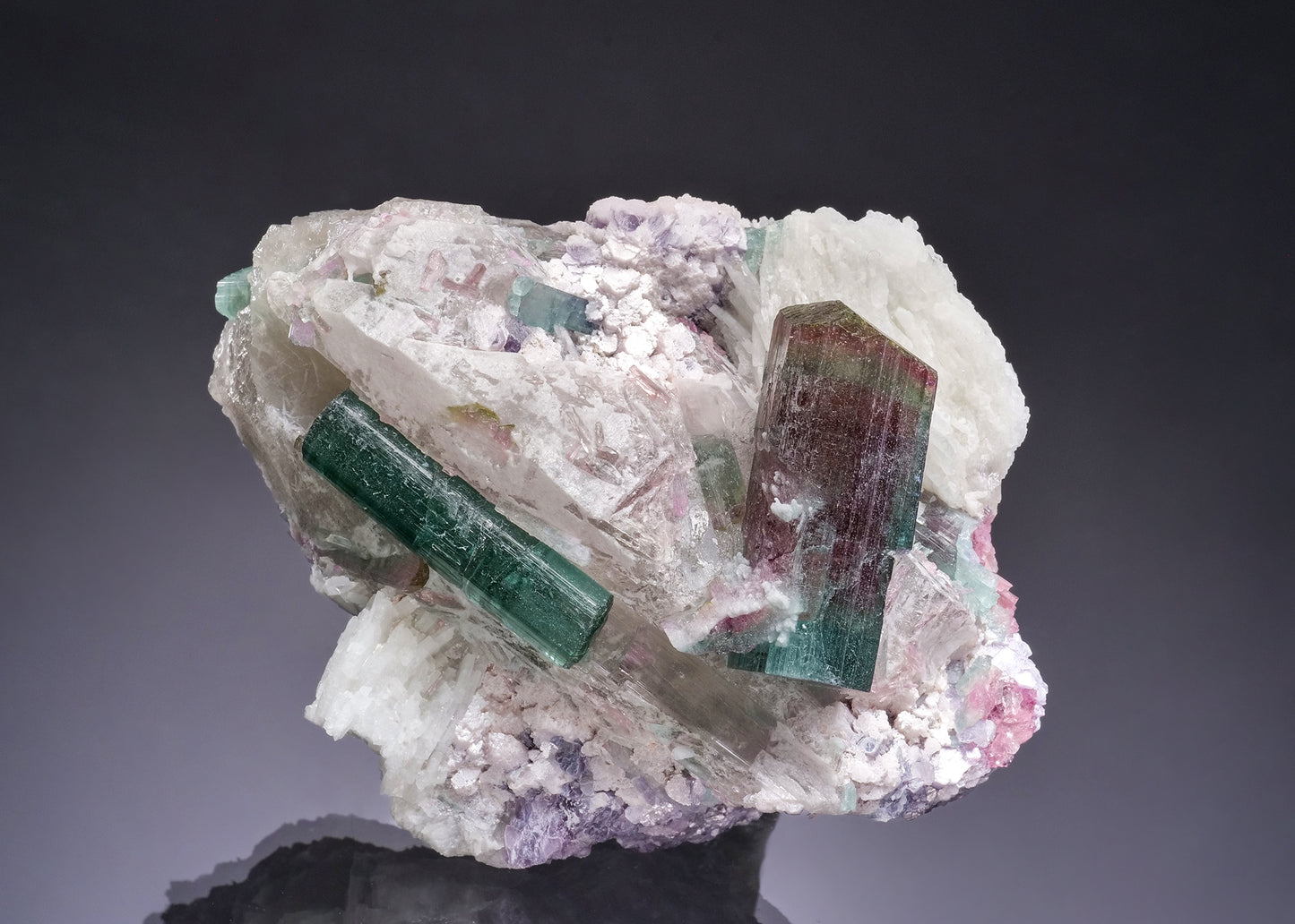 ELBAITE on QUARTZ with Cleavelandite and Lepidolite