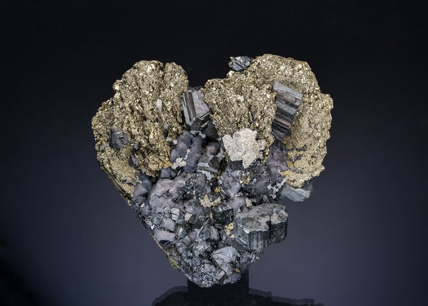 BOURNONITE with GALENA and SPHALERITE on PYRITE ps. after PYRRHOTITE